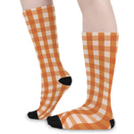 Burnt Orange And White Check Print Long Socks