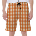 Burnt Orange And White Check Print Men's Beach Shorts