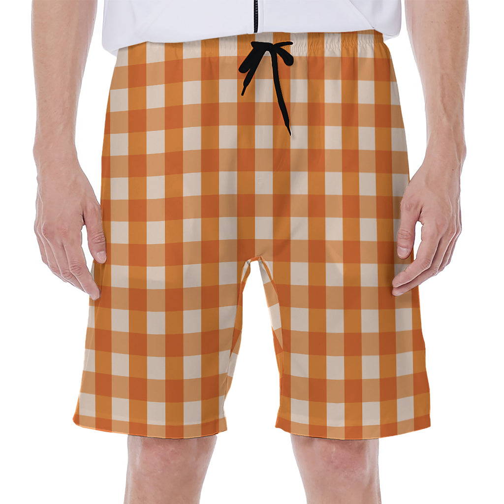 Burnt Orange And White Check Print Men's Beach Shorts