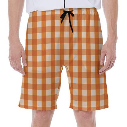 Burnt Orange And White Check Print Men's Beach Shorts