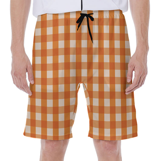 Burnt Orange And White Check Print Men's Beach Shorts