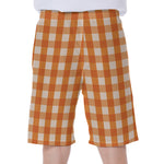 Burnt Orange And White Check Print Men's Beach Shorts