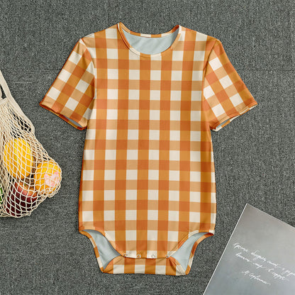 Burnt Orange And White Check Print Men's Bodysuit