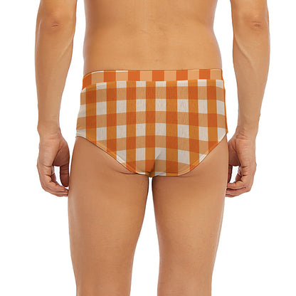 Burnt Orange And White Check Print Men's Briefs