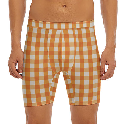 Burnt Orange And White Check Print Men's Long Boxer Briefs