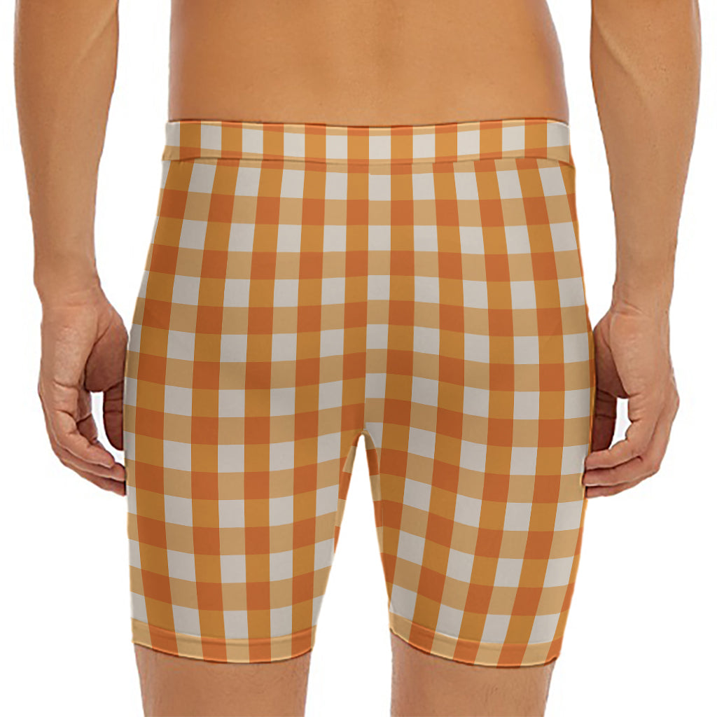 Burnt Orange And White Check Print Men's Long Boxer Briefs