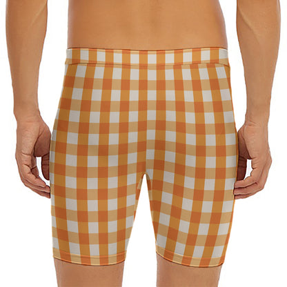 Burnt Orange And White Check Print Men's Long Boxer Briefs