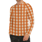 Burnt Orange And White Check Print Men's Long Sleeve Rash Guard