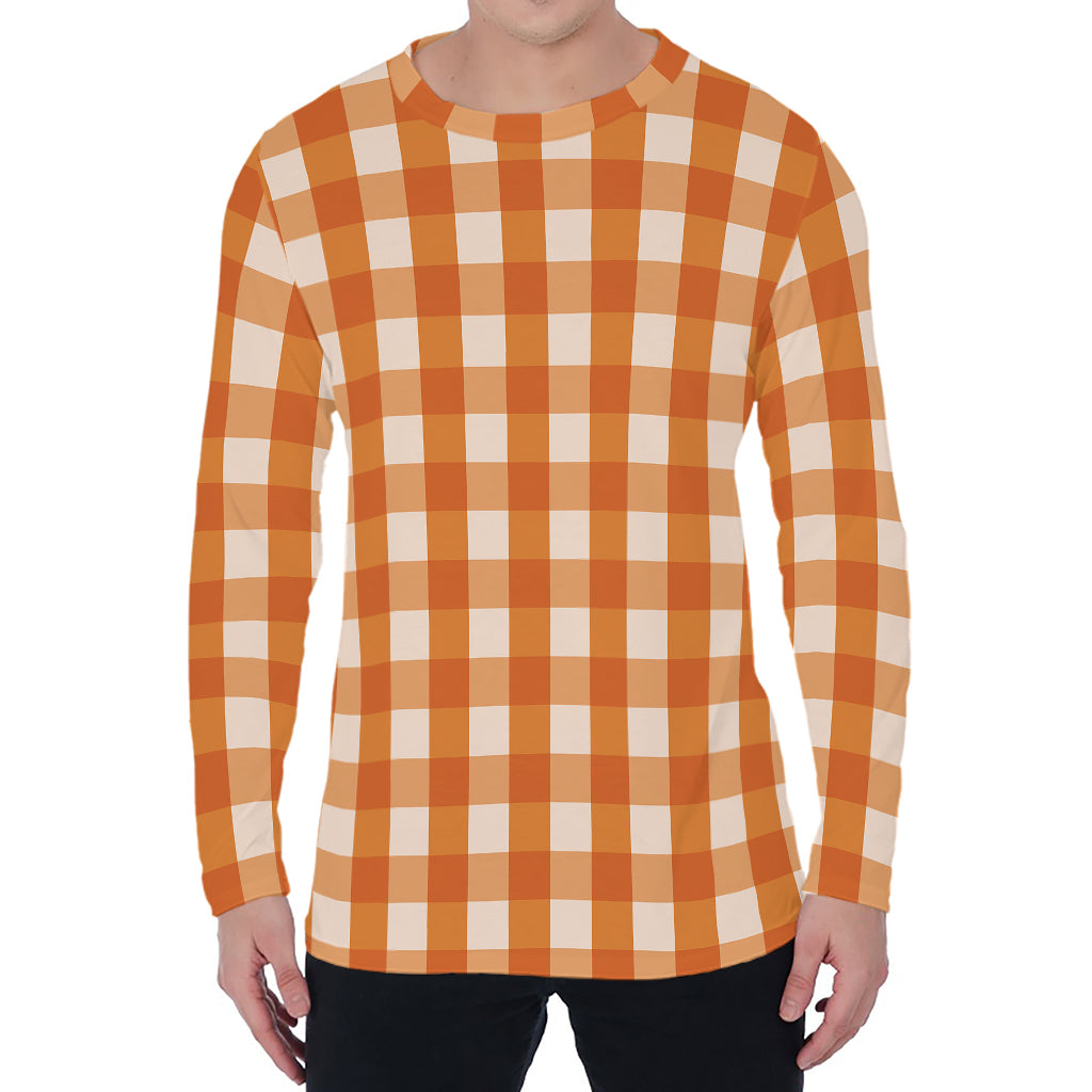 Burnt Orange And White Check Print Men's Long Sleeve T-Shirt