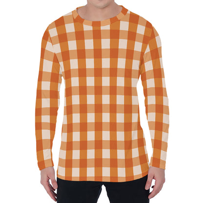 Burnt Orange And White Check Print Men's Long Sleeve T-Shirt