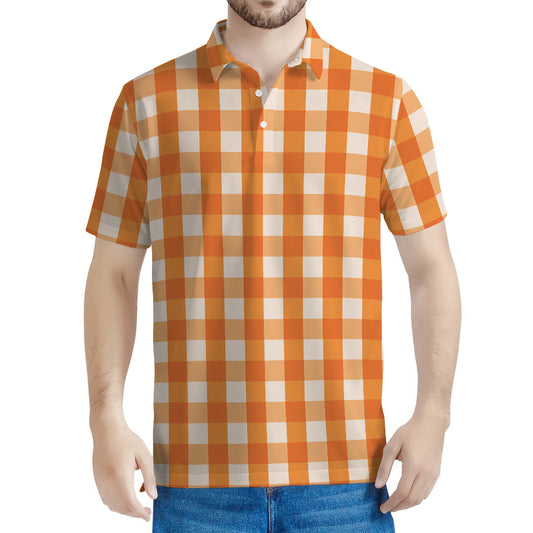 Burnt Orange And White Check Print Men's Polo Shirt