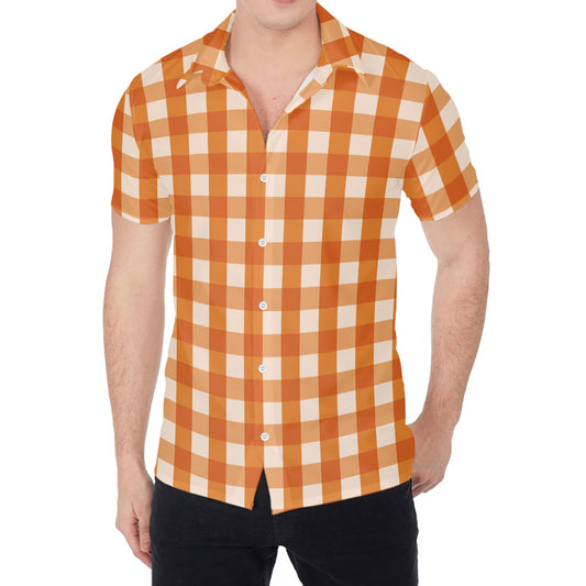 Burnt Orange And White Check Print Men's Shirt