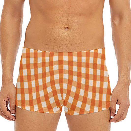 Burnt Orange And White Check Print Men's Short Boxer Briefs