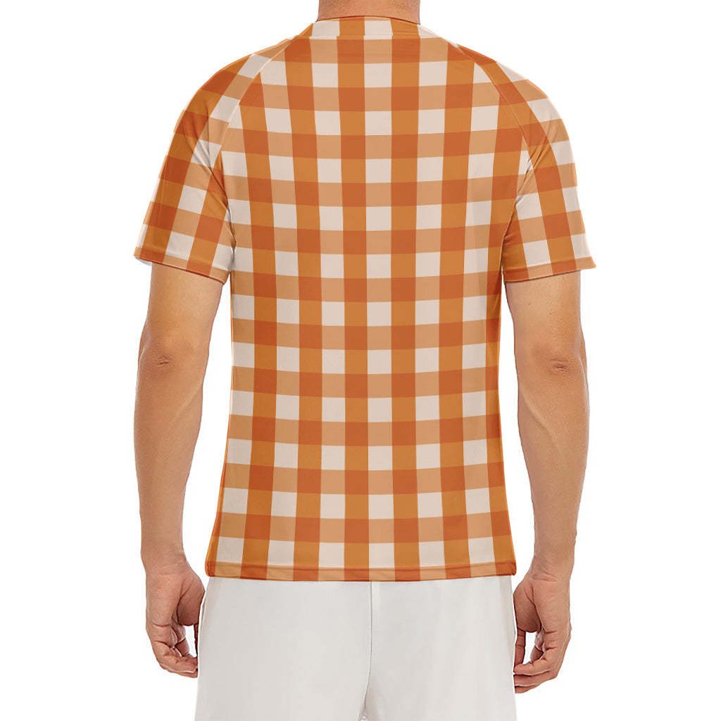Burnt Orange And White Check Print Men's Short Sleeve Rash Guard