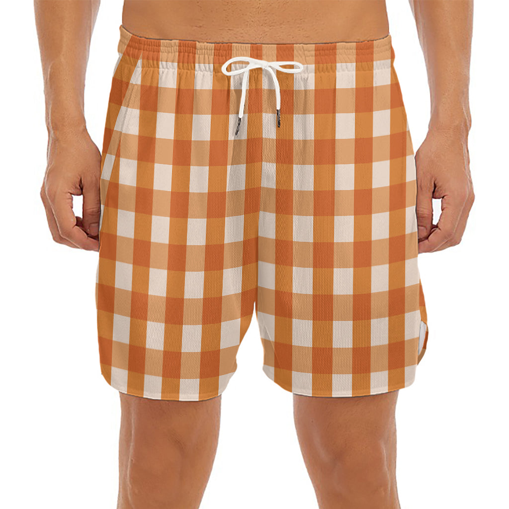 Burnt Orange And White Check Print Men's Split Running Shorts