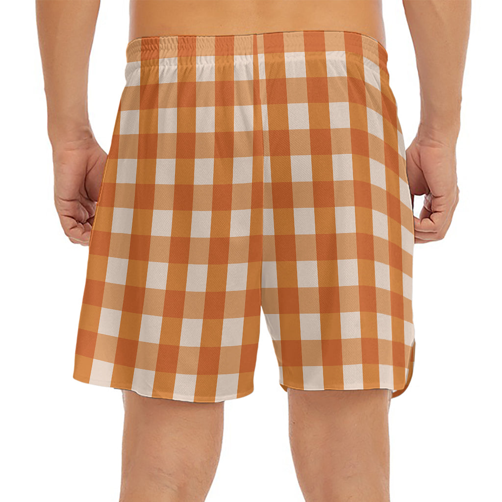 Burnt Orange And White Check Print Men's Split Running Shorts