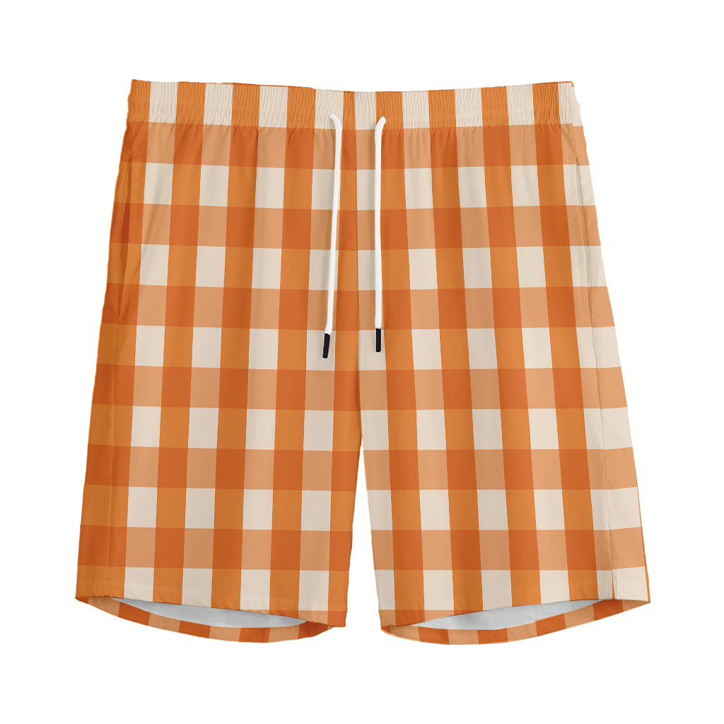 Burnt Orange And White Check Print Men's Sports Shorts