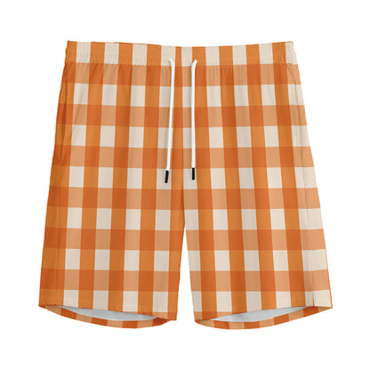 Burnt Orange And White Check Print Men's Sports Shorts