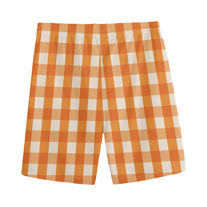Burnt Orange And White Check Print Men's Sports Shorts