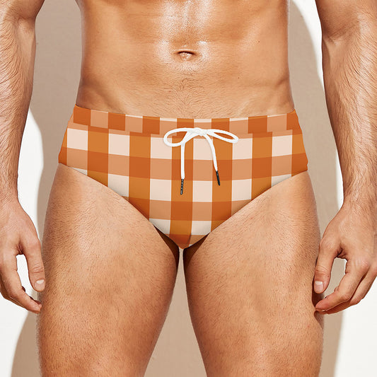 Burnt Orange And White Check Print Men's Swim Briefs