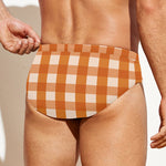Burnt Orange And White Check Print Men's Swim Briefs