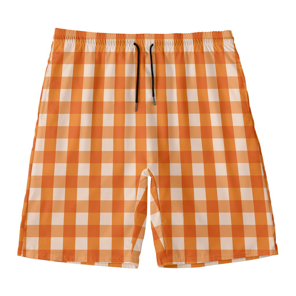 Burnt Orange And White Check Print Men's Swim Trunks