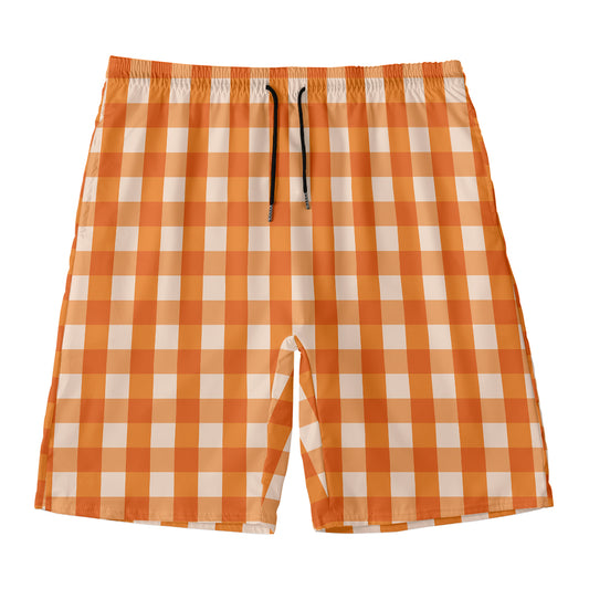 Burnt Orange And White Check Print Men's Swim Trunks