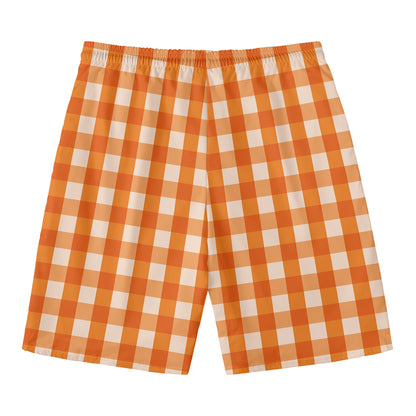 Burnt Orange And White Check Print Men's Swim Trunks