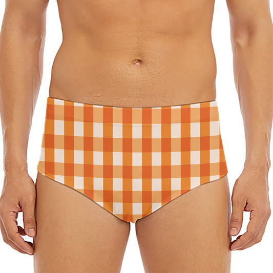 Burnt Orange And White Check Print Men's Triangle Swim Briefs