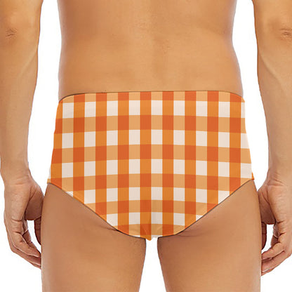 Burnt Orange And White Check Print Men's Triangle Swim Briefs