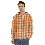 Burnt Orange And White Check Print Men's Velvet Pullover Hoodie
