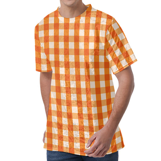 Burnt Orange And White Check Print Men's Velvet T-Shirt