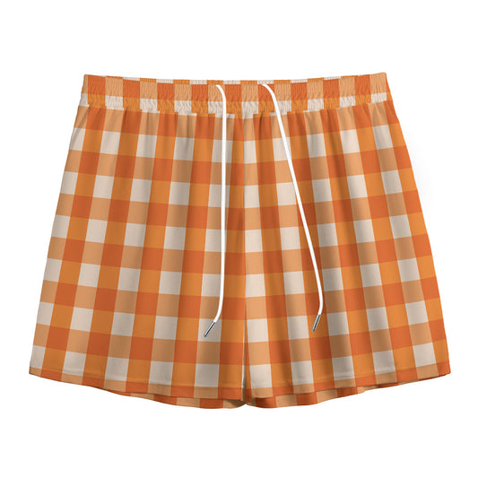 Burnt Orange And White Check Print Mesh Shorts