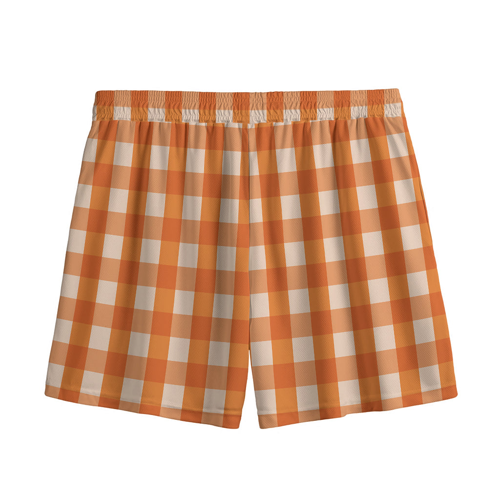Burnt Orange And White Check Print Mesh Shorts
