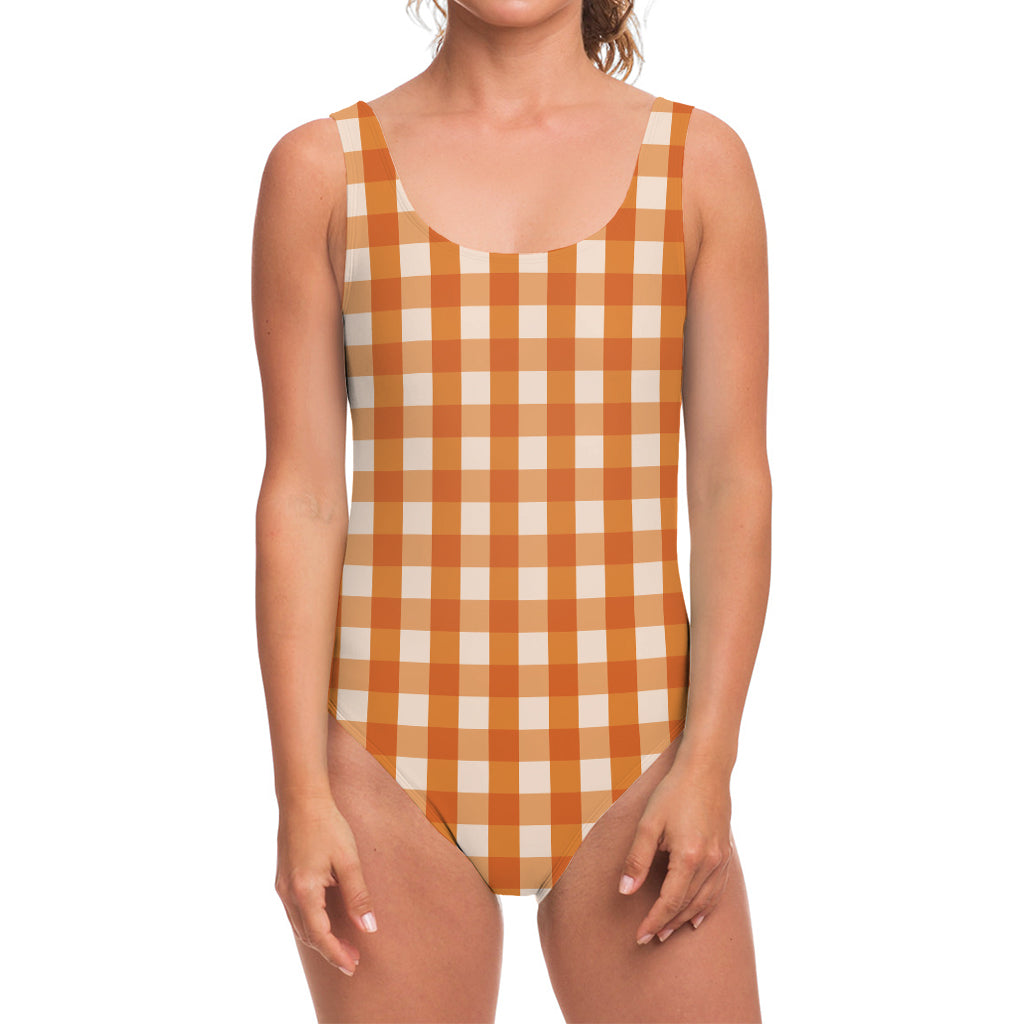 Burnt Orange And White Check Print One Piece Swimsuit