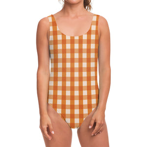 Burnt Orange And White Check Print One Piece Swimsuit