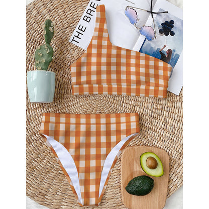 Burnt Orange And White Check Print One Shoulder Bikini Top