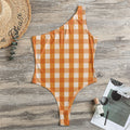 Burnt Orange And White Check Print One Shoulder Bodysuit