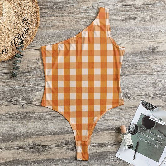 Burnt Orange And White Check Print One Shoulder Bodysuit