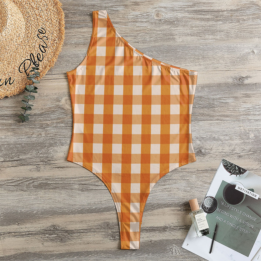 Burnt Orange And White Check Print One Shoulder Bodysuit