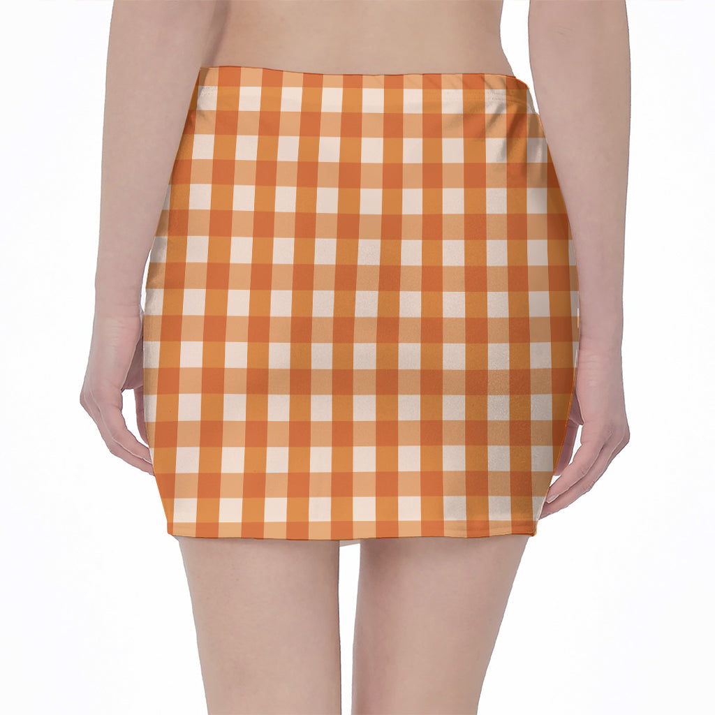 Burnt Orange And White Check Print Pencil Mini Skirt