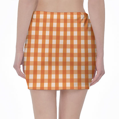 Burnt Orange And White Check Print Pencil Mini Skirt