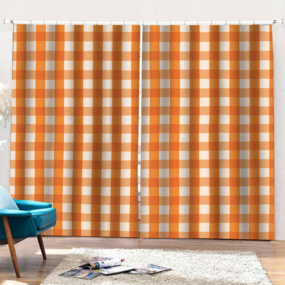 Burnt Orange And White Check Print Pencil Pleat Curtains