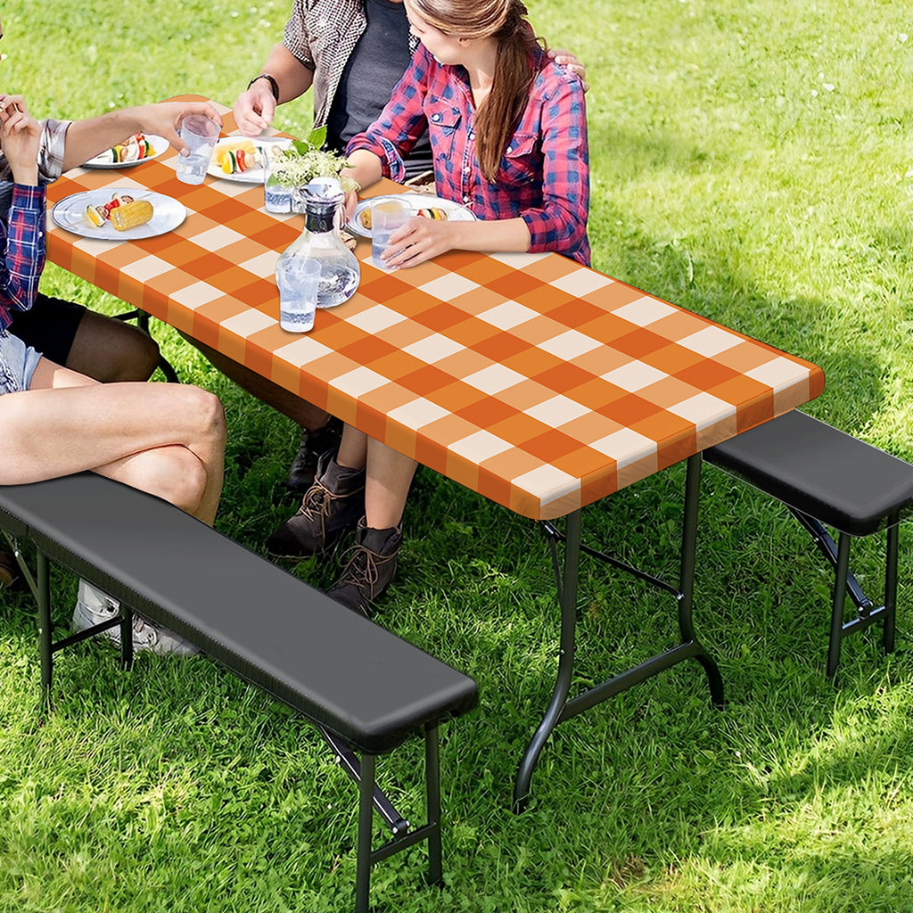 Burnt Orange And White Check Print Picnic Table Cover