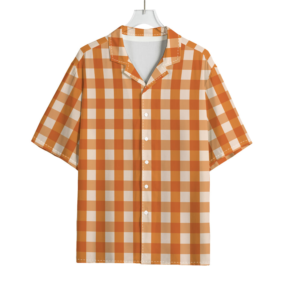 Burnt Orange And White Check Print Rayon Hawaiian Shirt