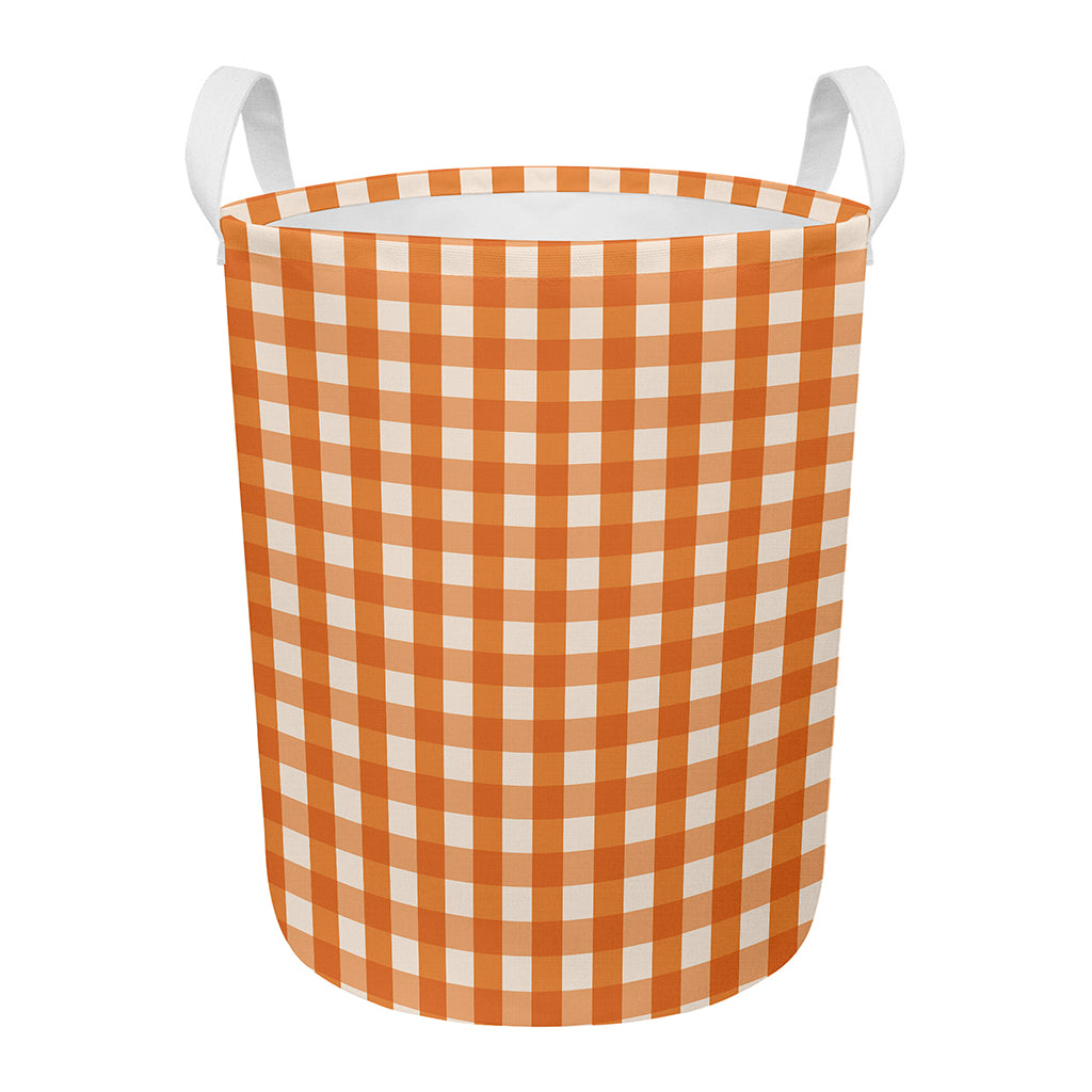 Burnt Orange And White Check Print Round Laundry Basket