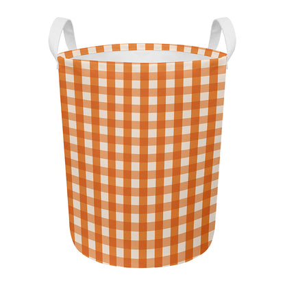 Burnt Orange And White Check Print Round Laundry Basket