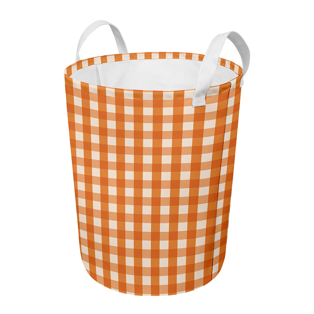 Burnt Orange And White Check Print Round Laundry Basket