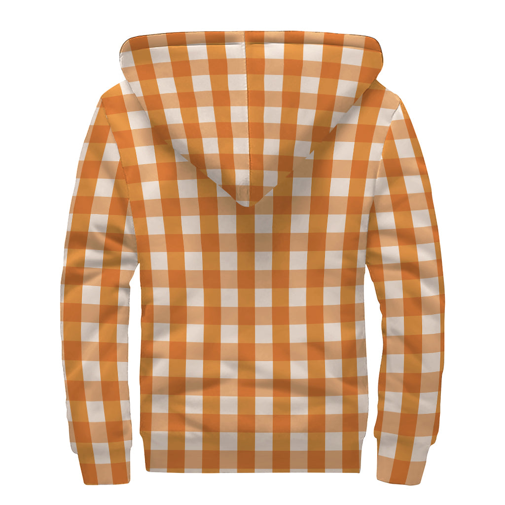 Burnt Orange And White Check Print Sherpa Lined Zip Up Hoodie