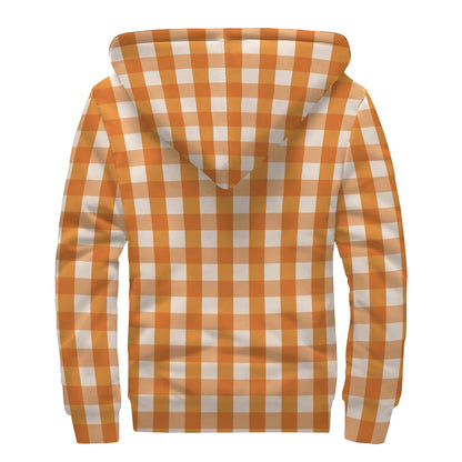 Burnt Orange And White Check Print Sherpa Lined Zip Up Hoodie